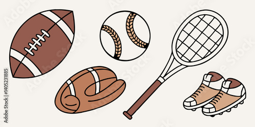 Cartoon Sports Equipment Football Baseball Tennis Racket Glove Cleats - Vector Graphic
