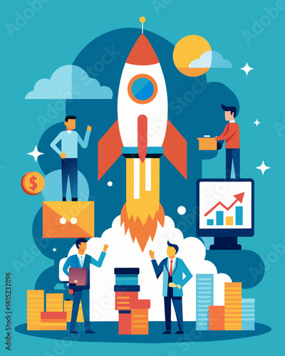 A startup tech company was able to expand and create new jobs thanks to a governmentprovided economic bailout.. Vector illustration
