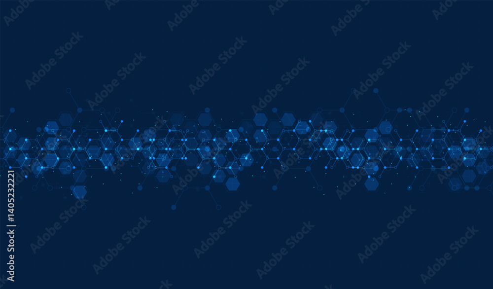 Hexagons pattern on blue background. Genetic research, molecular structure. Chemical engineering. Concept of innovation technology. Used for design healthcare, science and medicine background