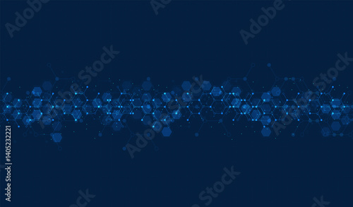 Obraz na płótnie Hexagons pattern on blue background. Genetic research, molecular structure. Chemical engineering. Concept of innovation technology. Used for design healthcare, science and medicine background w salonie