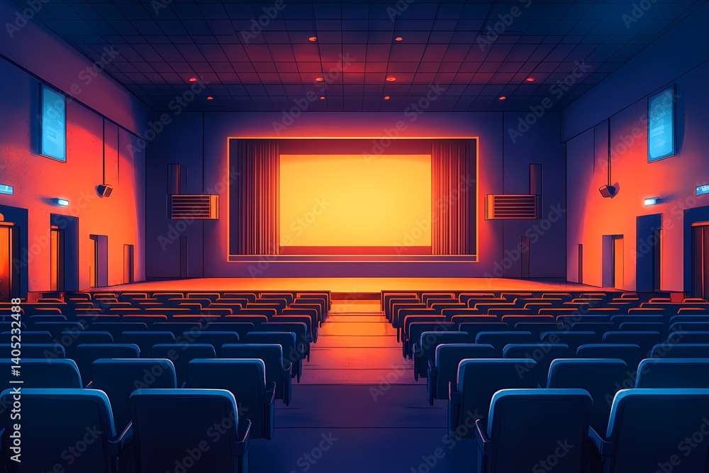 Fototapeta premium Modern Movie Theater. Empty Auditorium with Dim Lighting and Purple Hues Ready for Film Screening and Cinematic Experience
