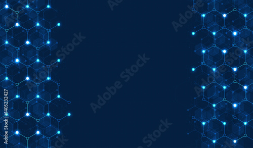 Hexagons pattern on blue background. Genetic research, molecular structure. Chemical engineering. Concept of innovation technology. Used for design healthcare, science and medicine background