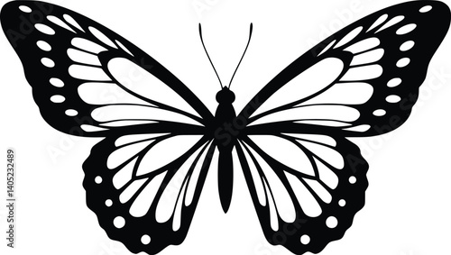 Black silhouette of a butterfly with intricate wing patterns, showcasing symmetry and delicate elegance in a minimalistic vector design