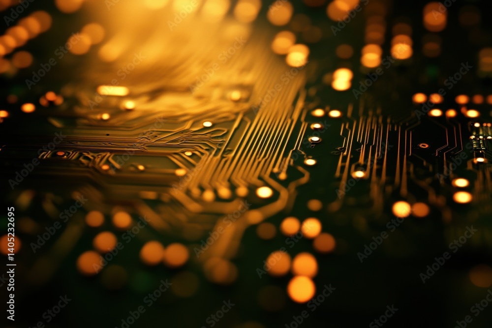 Close-up view of intricate golden circuit board pathways.