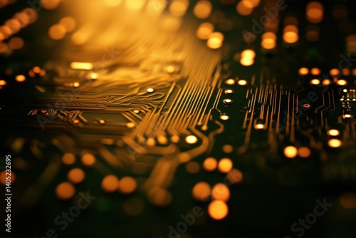 Close-up view of intricate golden circuit board pathways.