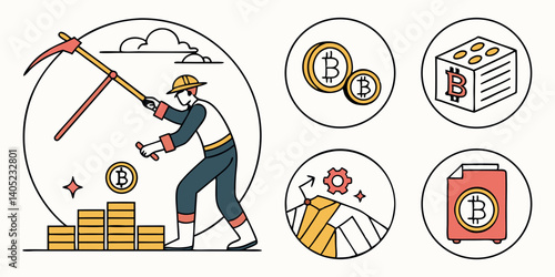 Bitcoin Mining Process Vector Line Art Cryptocurrency Miner Pickaxe Coins Digital Finance