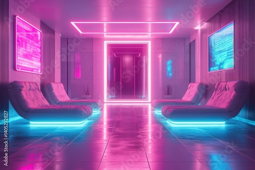 Futuristic neon-lit room with holographic displays floating furniture and sleek metallic surfaces cyberpunk vibe