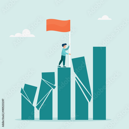 Winner in business. Successful character on stand, strong bar chart, domino collapse, winner takes all. Survival in business competition. Vector illustration.	
