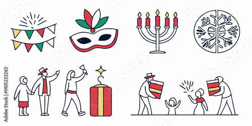 Festive Holiday Celebrations Line Art Icons: Banners, Carnival Mask, Hanukkah Menorah, Snowflake, Gifts, Family, Joyful Holiday Festivities and Occasions