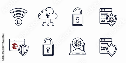 Vector Line Art Security Icons: Wifi, Cloud, Lock, Website, Email, Cybersecurity