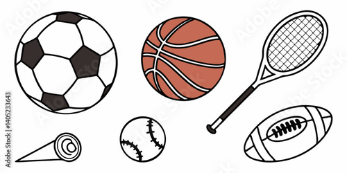 Sports Balls and Equipment Line Art Illustration: Soccer, Basketball, Tennis, Baseball, Football, Cone