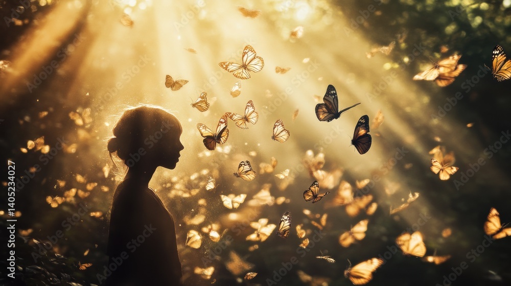 Golden sunlight bathes a child surrounded by butterflies.