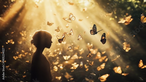 Obraz na płótnie Golden sunlight bathes a child surrounded by butterflies. w salonie