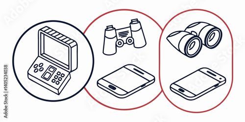 Black and Red Isometric Line Art Tech Icons: Game Console, Controller, Smartphone, Binoculars