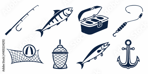 Vector Nautical Fishing Icons: Fishing Rod, Fish, Tackle Box, Hook, Net, Cage, Anchor - Design