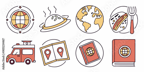 Vector Travel Food Adventure Icons: Globe, Dish, Map, Van, Passport, Book - Line Art Style