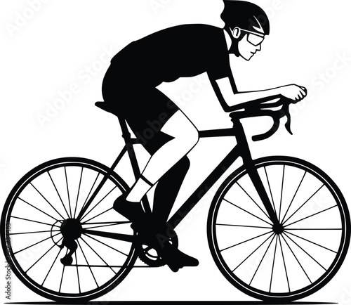 Silhouette of a cyclist in motion, leaning forward on a road bike with helmet and glasses, representing speed and endurance