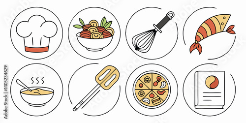 Culinary Food Cooking Icons: Chef Hat, Pizza, Soup, Noodles, Shrimp, Cookbook, Whisk, Spatula Restaurant Vector Graphic Icons Set Design
