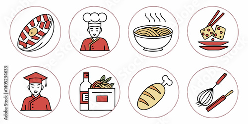 Food and Culinary Vector Icons Chef Steak Noodles Tofu Wine Chicken Kitchen Tools for Restaurant Design