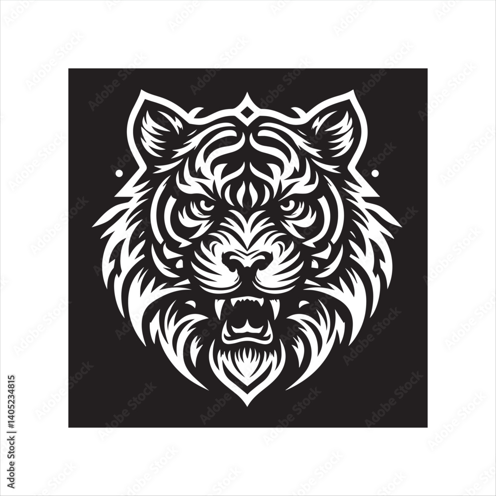 Obraz premium Tribal Tiger Head Vector Illustration – Fierce Black and White Animal Logo Design