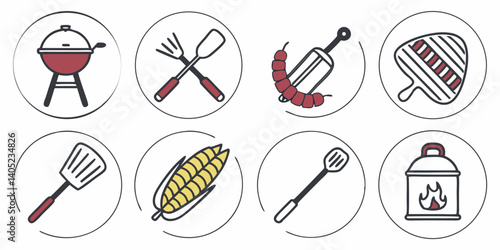 BBQ Grilling Icons Vector Set: Grill, Spatula, Fork, Sausage, Corn, Lantern, Cutting Board Flat Design Style