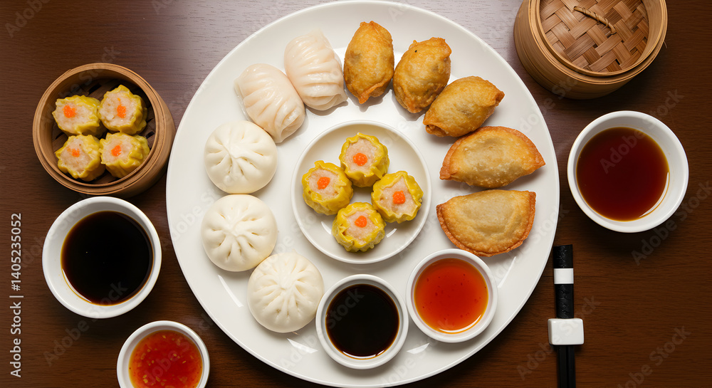 Assorted Dim Sum Platter with Dipping Sauces Ready to Eat Assorted Dim Sum Platter with Dipping Sauces Ready to Eat