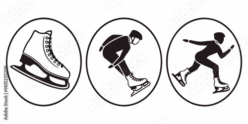 Black and White Ice Skating Icons - Speed Skaters and Skates in Circles - Winter Sports Recreation Clip Art