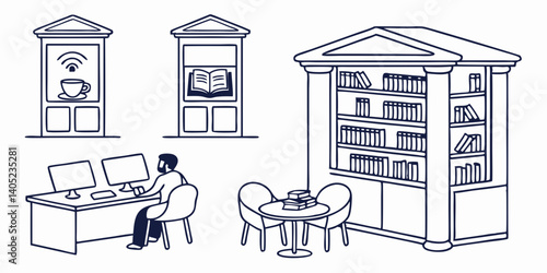 Library Line Art Illustration Study Area with Wifi and Book Kiosks Computers Bookshelves Reading Table