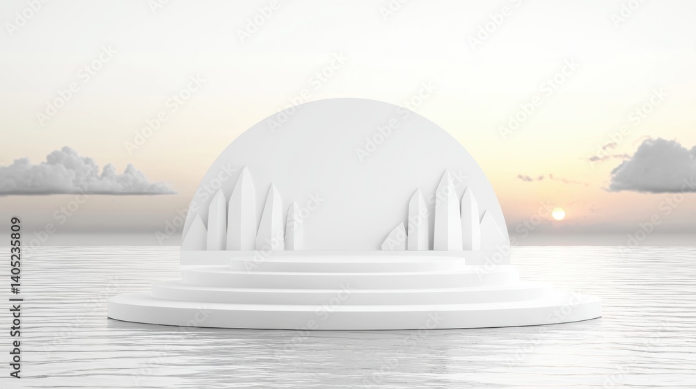 A white platform with a dome and triangular structures sits on a calm body of water, with a sunset in the background. A white platform with a dome and triangular structures sits on a calm body of water, with a sunset in the background.