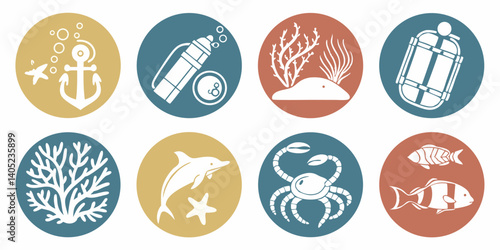 Marine Life Diving Icons Vector Collection - Ocean Sea Underwater Symbols - Anchor, Scuba Tank, Coral, Dolphin, Crab, Fish - Circular Style Silhouettes