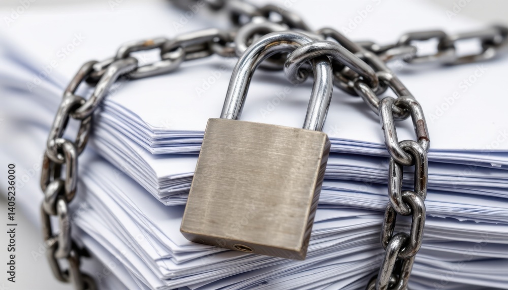 Securing confidential documents with a lock and chain office environment business content detailed close-up view
