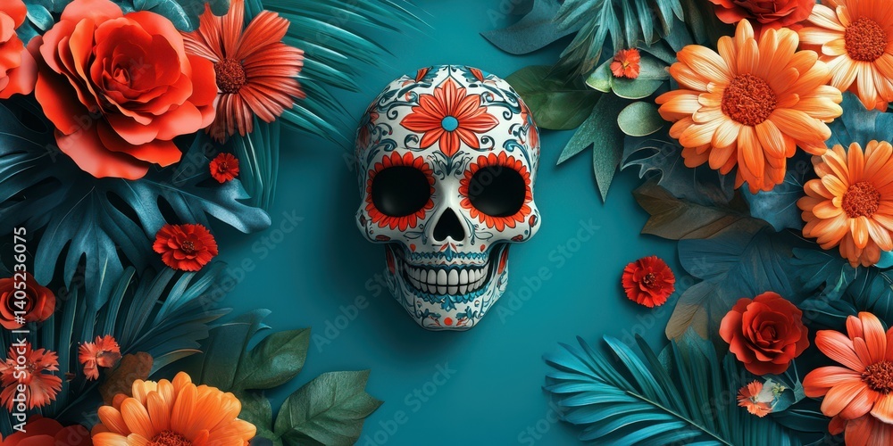 Colorful skull surrounded by vibrant flowers and leaves on a teal background showcases festive cultural traditions Colorful skull surrounded by vibrant flowers and leaves on a teal background showcases festive cultural traditions