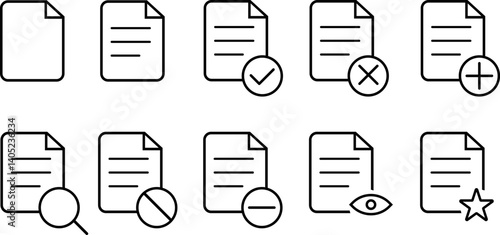 Document icons set. Search result icon sign. Research report analyse sign symbol. document page with check mark, magnifier, pencil icons
