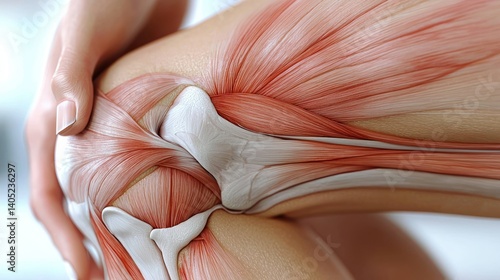 Detailed anatomical illustration of a human knee joint, showcasing muscles and bones, with a hand gently touching the knee, suggesting pain or discomfort