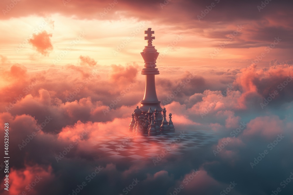 Chess king atop a cloud-covered chessboard.
