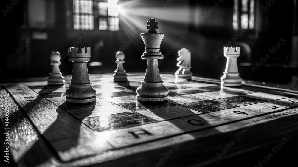 Chess pieces on a board, bathed in sunlight, highlighting strategic positioning.