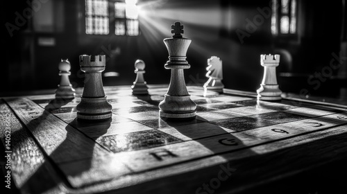 Obraz na płótnie Chess pieces on a board, bathed in sunlight, highlighting strategic positioning. w salonie