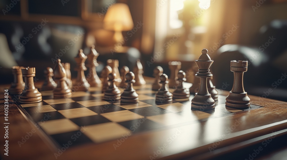 Wooden chess pieces on a checkered board in a home. Wooden chess pieces on a checkered board in a home.