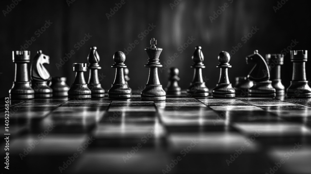 Chess pieces arrayed on a game board, a strategic confrontation.