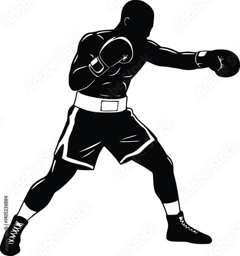 Black silhouette of a boxer in a dynamic fighting stance, throwing a punch with gloved hands, representing strength and combat sports