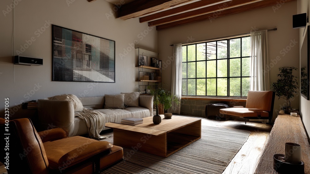 Fototapeta premium Relaxing living room with natural light and earthy tones.