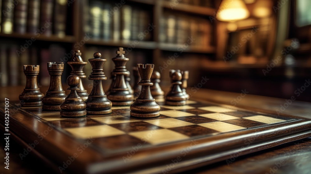 Dark wooden chess set positioned on a chessboard in a library.