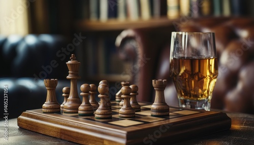 Obraz na płótnie Wooden chessboard with pieces, drink, and intellectual ambiance. w salonie