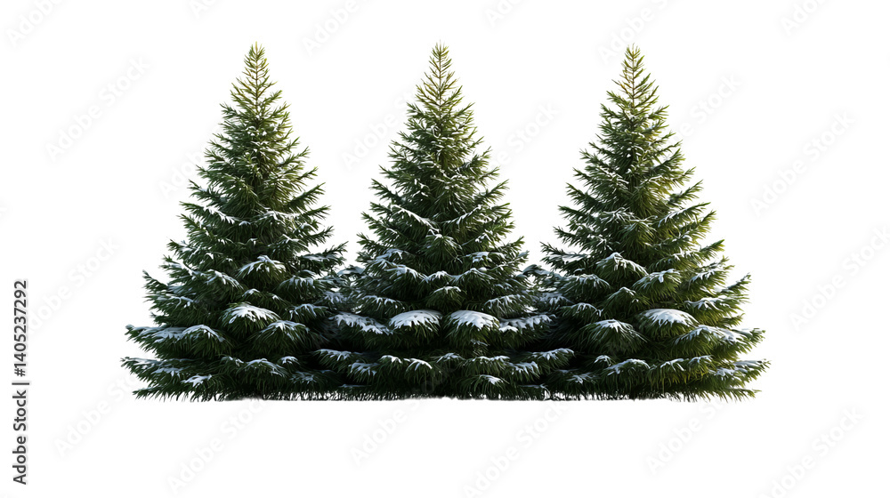 Fototapeta premium PNG of Three majestic evergreen trees blanketed in snow, exuding the serene beauty of winter.