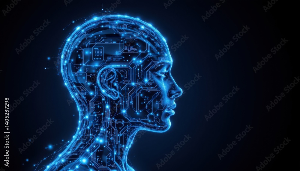 Obraz premium Exploring the intersection of technology and humanity digital human portrait abstract concept dark background side view