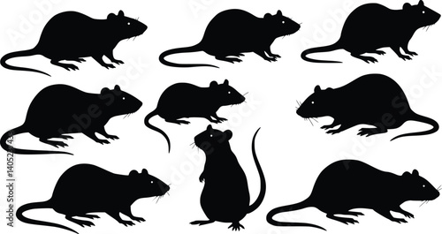 Silhouettes of nine rats in varied postures, showcasing distinct animal shapes and movement