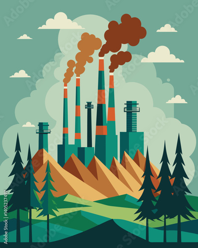 Smokestacks rising up from what used to be a vibrant and diverse forest.. Vector illustration