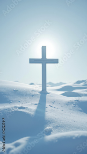 Silhouette of a Christian cross standing on snow-covered ground with bright sunlight, symbolizing hope and resilience.
