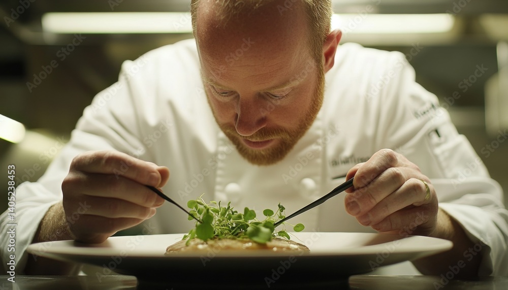 Close-up of a chef meticulously arranging garnish on a plate of food.
