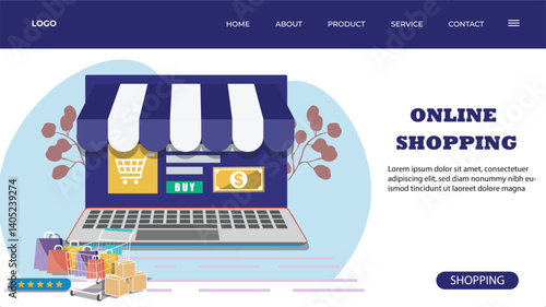 Online Shopping Concept with Laptop Cart and Storefront